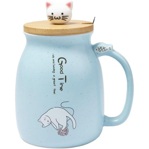 Tasse Chat Kawaii 450 Ml-Grande Tasse Avec Couvercle Et Cuillère Contenance-Mug À Infusion, Thé, Café-Tasse Japonaise Originale-Kitty Mignon-Couleur Bleue