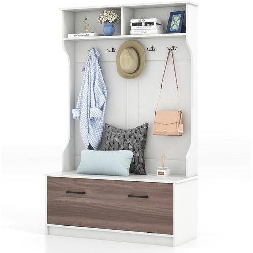 Porte-Manteau Vestiaire À Chaussures, Meuble D'entrée Couloir Avec Compartiments Ouverts, Banc Et 5 Crochets Doubles, Porte-Manteau Sur Pied Pour Entrée, Salon, 100 X 40 X 160cm