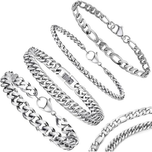 4 Pièces Gourmette Homme,Argent Rappeur Hip Hop Chaîne Cubaine,Homme Gourmette Chaîne Bracelet En Acier Inoxydable,Bracelet À Maillons Cubains,Chaîne Gourmette Homme 19-21cm(Argent)