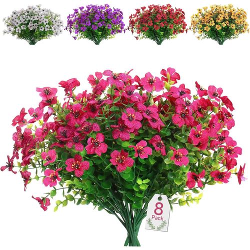 8 Bundles Buissons Artificiels Fleurs Artificielles En Plein Air Résistantes Aux Uv Pas De Décoloration Plante Artificielle Verte Pour Jardin Véranda Fenêtre Arbustes Décoration(Rose Rouge)