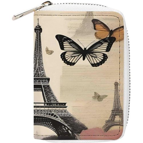 Étui De Rangement Fin En Cuir Synthétique Avec Fermeture Éclair,Imprimé Tour Eiffel De Paris Vintage,20 Emplacements Pour Cartes De Crédit,Porte-Cartes À Fermeture Éclair Pour Femme,Blanc,