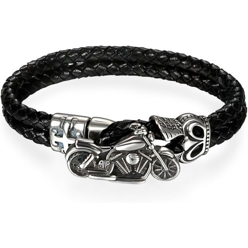 Bracelet Noir En Cuir Tressé Pour Homme Et Pour Femme-Doté D'un Fermoir En Forme De Moto