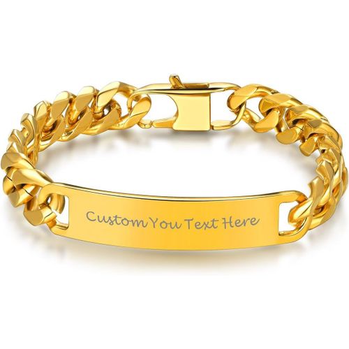 Bandmax Bracelet Homme Personnalisé En Acier Inoxydable/Plaqué Or 19/21/23cm,Gourmette Grosse 10/15mm Avec Plaque Personnalisable