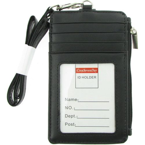 C68810 Rfid Porte-Carte/Badge Double Face En Cuir Véritable Avec Poche Zippée,Avec 1 Fenêtre D'Identification Et 8 Fentes Pour Cartes De Crédit,Vertical-Noir