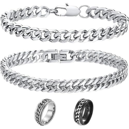 2 Pcs Ensemble Robuste De Bracelet Bracelet Gourmette Maillons Cubains Homme Gourmette Homme Chaîne Grosse Maille Bracelet Bracelet Cubain En Acier Inoxydable Bracelet Homme Argent Avec 2 Bague