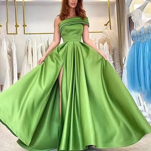 Robe De Soirée Asymétrique En Satin Robe D'anniversaire Poncho Vert Robe Sexy À Fente Haute