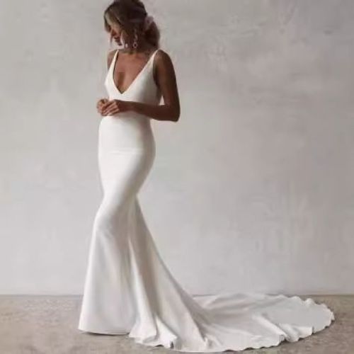 Robe Blanche En Queue De Poisson Printemps Et Été Robe De Mariée Dos Nu Décolleté En V Profond Robes De Mariée