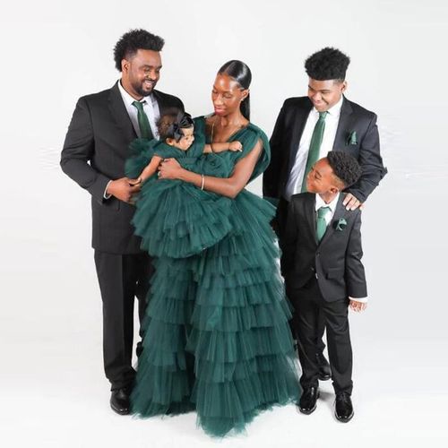 Saree Dos Nu V Profond Robe Photo Parent-Enfant Mère-Fille Niche Photo Portrait De Famille Paon Bleu Cadeau De Soirée Multicouches
