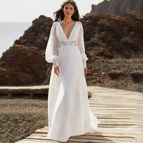 Beach Simple Long Sleeve Wedding Dress V-Neck Sexy Applique Backless Chiffon Bridal Gowns