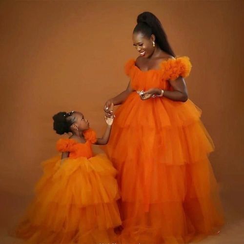 Orange Cake Saree Parent-Child Mother-Daughter Photo Dresses Portrait Niche Family Photo Multicolour Can Do Birthday Dresses