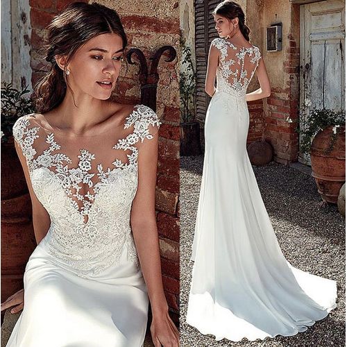 Robe De Mariée D'été Asymétrique Robe De Mariée À Manches Longues Queue De Poisson Robe De Mariée Traînante En Dentelle Soluble Dans L'eau