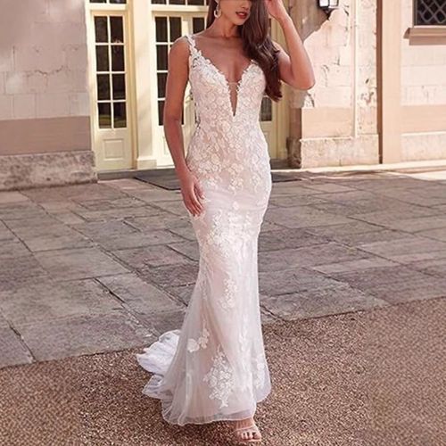 Robe De Mariée À Queue De Poisson En Dentelle Simple Avec Encolure En V Robe De Mariée Principale Robe De Mariée Fée Jupe