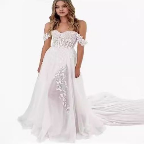 Robes De Mariée D'été Robes De Mariée Asymétriques Grand Ourlet Dentelle Amovible Robes De Mariée Queue De Pie