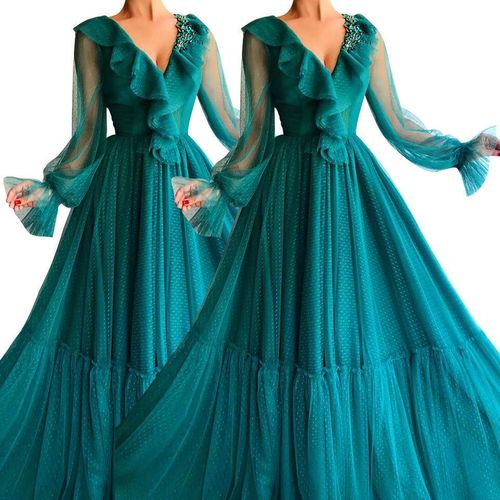 Temperament Women's Mesh V-Neck Long Evening Dresses Swing Waist Dresses