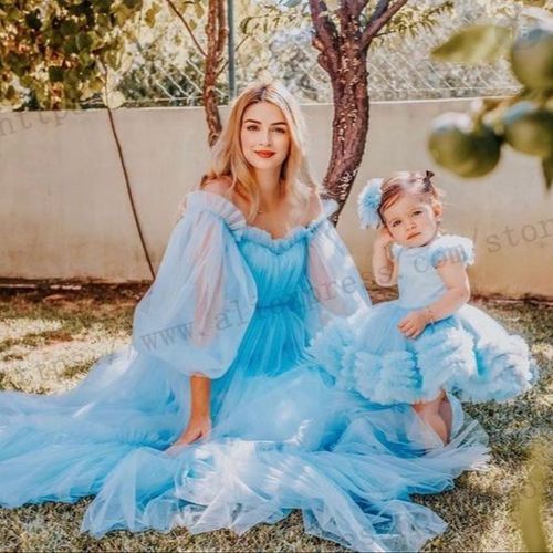 Saree Bleu Ciel Robe Photo Parent-Enfant Mère-Fille Portrait Niche Portrait De Famille Anniversaire Activités Fête Vêtements De Performance