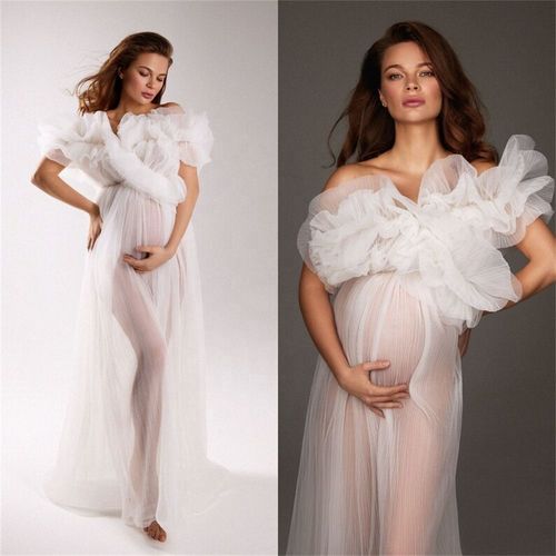 Robe De Maternité Asymétrique En Tulle Transparent Sans Bretelles À Manches Courtes Avec Photo Robe De Soirée De Maternité Blanche Rose Bleue