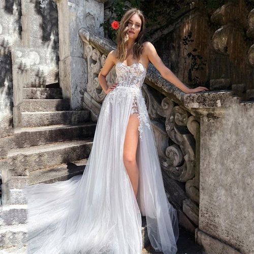 Poitrine Diaphane Haute Ouverte Fourche Petite Robe De Mariée Légère Taille Fine Appliquée Robes De Mariée De Voyage