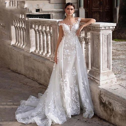 Robe De Mariée En Dentelle Encolure Ronde Décolleté Fin Poisson Blanc Robe De Mariée À Queue De Poisson Robe De Mariée À Double Usage Activités Féminines