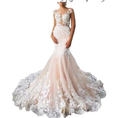 Robe D'été À Col Rond, Dos Fuyant, Fine Queue De Poisson En Dentelle Européenne, Robe De Mariage Large, Blanche, Couleur Champagne, Robe De Mariée Traînante.