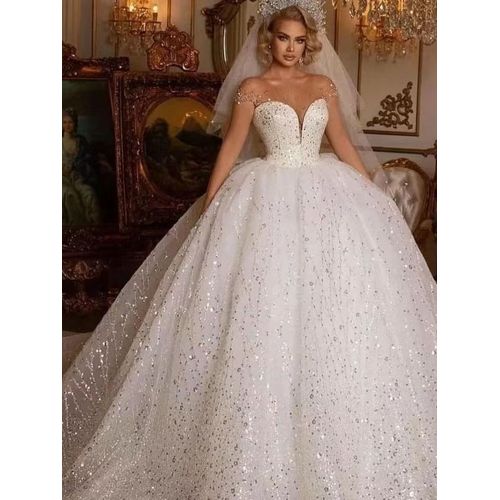 Robe De Mariée Col Rond Couleur Chair Broderie De Perles Dentelle Taille Haute Tempérament Dentelle Robes De Mariée