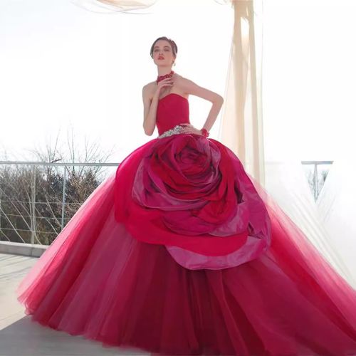 Robe De Soirée De Mariée Fourreau Rouge Robe De Soirée De Mariage Bar Mitzvah Robe De Soirée De Performance Fête Stéréoscopique Grande Fleur Cadeau