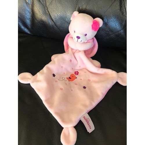 Doudou Mouchoir Ours Rose Brodé Oiseau Fleur Pommette