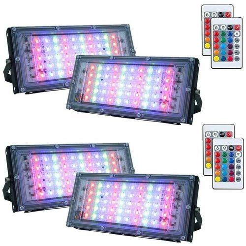 Lot De 4 Projecteur Led Rgb À Intensité Variable Pour Extérieur,Ip66 Étanche Avec Télécommande, 16 Couleurs, 4 Modes D'éclairage Pour Extérieur Intérieur Et Extérieur (50 W)