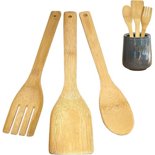 Set D'ustensiles De Cuisine En Bois De Bambou-Kit De 3 Accessoires De Cuisine Antigrasse(Spatule De Cuisine,Cuillère En Bois,Méticule)-Outils De Cuisine En Bambou Naturel