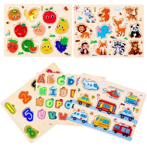 5 Pcs Puzzles En Bois Pour Enfants,Jouet Éducatif D'éveil Montessori Pour Bébés,Alphabet Nombre Forme Véhicules Fruit Animal Jeuets Educatifs Apprentissage Pour Bébés 1 2 3 Ans
