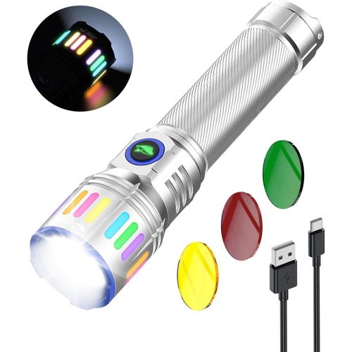 Lampe De Poche Led,M1 Lampe Torche Puissante Rechargeable Avec 4 Modes & Zoomable¿3 Lentilles Couleurs¿ Mini Lampe Torche Pile Pour Camping/Randonnée/Urgence,Argent