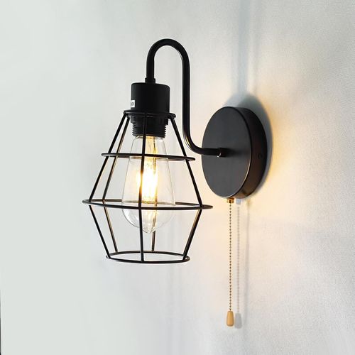 Jzcdr AppliqueMurale Avec Interrupteur À Tirette Industrielles Cage EnMétal LampeMurale Noire Interieur E27 Vintage LuminaireMurale Pour Salon Cuisine