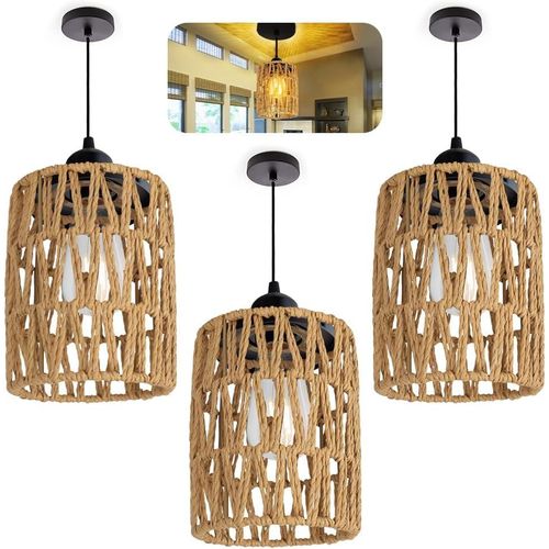 Lot De 2 Abat-Jours Bohémiens En Rotin,Abat-Jour De Remplacement Pour E27 E14 Lampes De Table,Suspendues,Plafond,Salle Àmanger Salle De Séjour Abat-Jour De Lampe Suspendue Vintage-3pcs