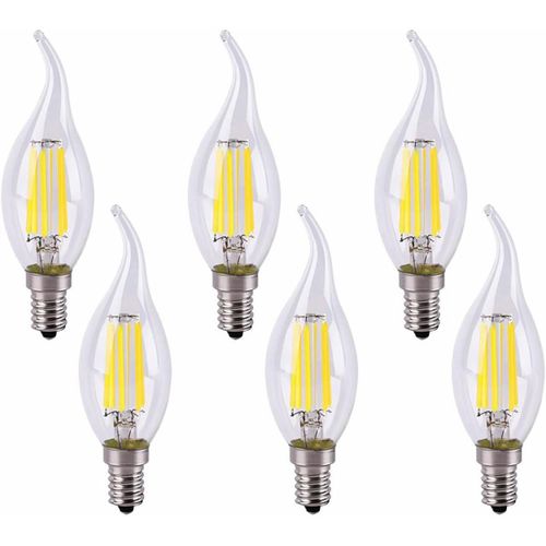 Ampoule Flamme Led E14 6w Equivalent 60w 600lm,Blanc Froid 6500k,E14 Led Bougie Pour Lustres,Lustres En Cristal,Luminaires Décoratifs,Dimmable,Verre,Lot De 6