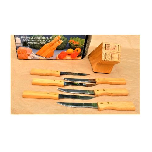 Couteaux 6 Acier Inoxydable Socle Bois Serie 6 Aiguises Dents Coupants Tranchants A Steak Manche En Bois Naturel Rack Presentoir Support  Denteles De Cuisine Barbecue Repas Ustensile Couverts