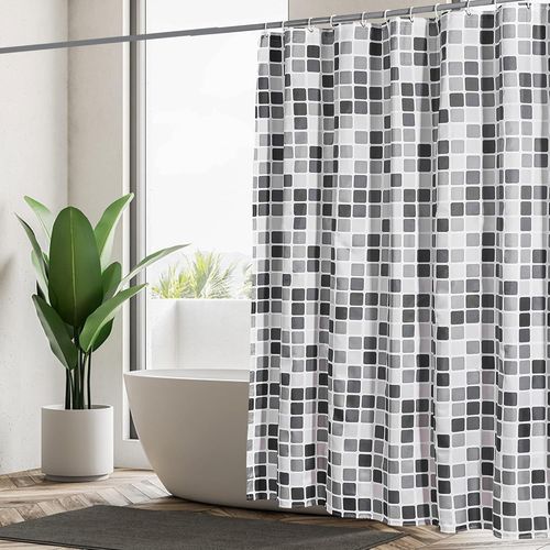 Rideau Douche Anti Moisissure,Rideau De Douche 180x180 Cm,Poids Rideau Douche Tissu Polyester,Rideau Baignoire Imperméable,Lavable En Machine,Avec 12 Crochets,Noir Blanc Gris Mosaïque
