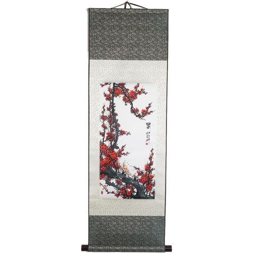 -Kakemono Fleurs De Prunier-Tapisserie Murale-Décoration Japonaise À Suspendre-100 X 30 Cm-Symbole D'espoir-Tableau Japonais Estampe-Coloris Gris-Idée Cadeau Japon Asie