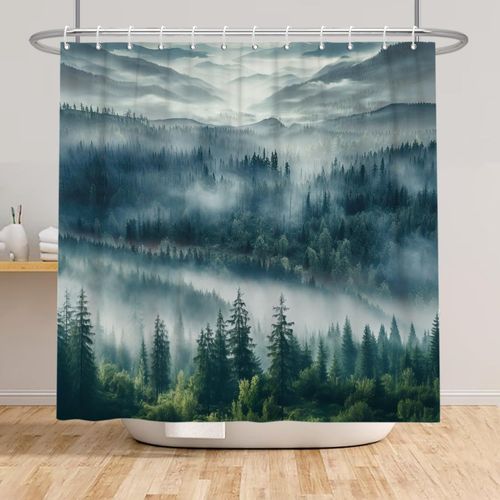 Rideau De Douche Forêt Brumeuse Naturel Brumeux Paysage De Montagne Rideau De Douche Pour Salle De Bain Arbres Vert Foncé Paysage Rideau De Douche Tissu Imperméable 183X183Cm