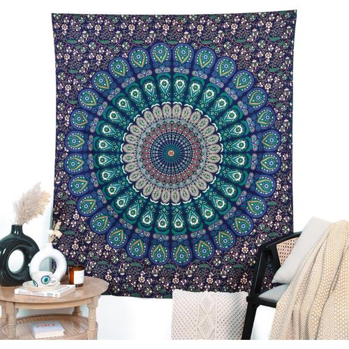 Bringing Rajasthan To You Tapisserie Ronde Paon Bleu Vert Chakra Mandala Rond Bohème Hippie Nappe De Plage En Pur Coton Pour Pique-Nique Et Camping¿76,2 X 101,6 Cm