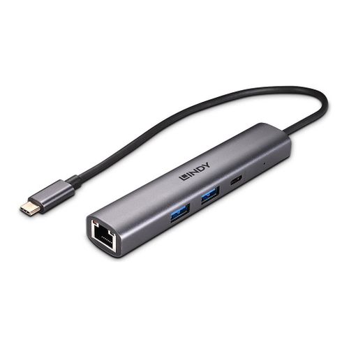 Lindy - Adaptateur USB / réseau - USB-C 3.2 Gen 2 - Gigabit Ethernet x 1 + USB 3.2 Gen 2 x 2 + USB-C 3.2 Gen 2 x 1 - gris foncé
