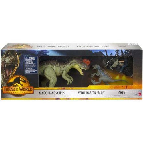 Coffret Pour Jurassic : Dino Velociraptor Blue + Yangchuanosaurus + Owen + Moto - Figurine - Set Dinosaure + 1 Carte Animal