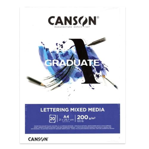 Canson Bloc 20 Feuilles Dessin Graduate Lettering Mixed Media A4 200g Blanc