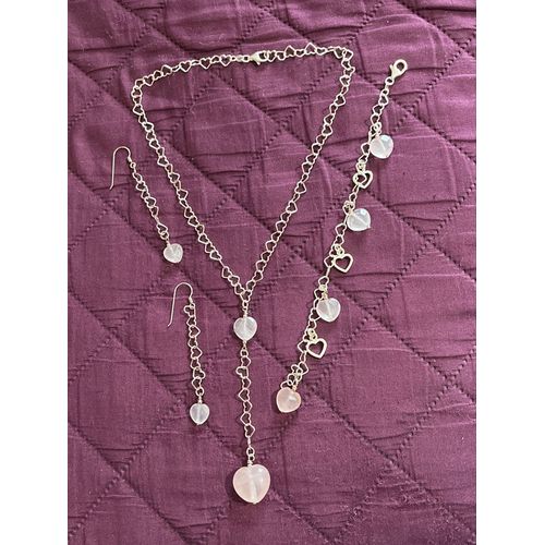 Parure Argent 925 Et Quartz Rose. Collier Bracelet Et Boucles D¿Oreilles 