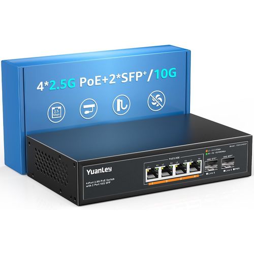 6 Port 2.5G Poe Switch Non Géré,4 Ports Poe 2,5G Base-T,2 X 10G Sfp,802.3Af/At,78W,Compatible Avec 100/1000/2500Mbps,Métal Sans Ventilateur,Montage Bureau/Mur Commutateur Réseau 2.5Gbe