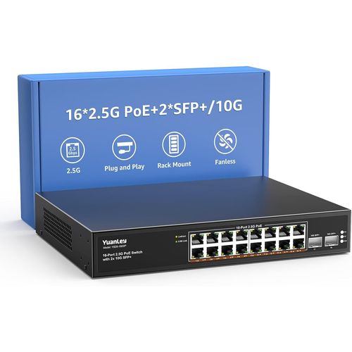 Switch Poe 2,5G À 18 Ports Non Géré,16 Ports Poe Base-T 2,5G,2 X 10G Sfp+,Ieee802.3Af/At,250W,Compatible Avec 100/1000/2500Mbps,Montage Sur Bureau / Rack Switch Réseau 2,5Gbe