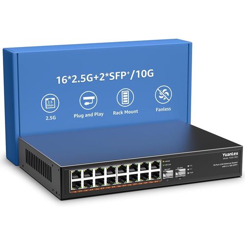 18 Port 2.5G Switch Ethernet Umanaged,16 X 2.5G Base-T Ports,2 X 10G Sfp,Métal,Sans Ventilateur,Commutateur Réseau 10/100/1000M/2.5Gbe Pour Ap Sans Fil,Nas,Pc,Montage En Rack
