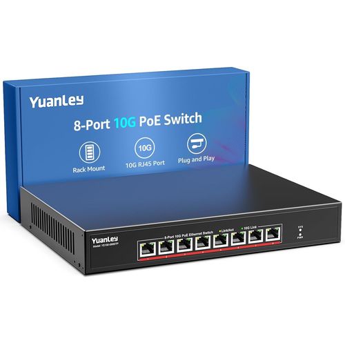 10G Switch Poe 8 Port Non Géré,8 X 10G Base-T Poe Ports,Ieee802.3Af/At,Alimentation Intégrée 110W,Compatible Avec 1G/2,5G/5G/10G,Montage En Rack/Mur Commutateur Réseau 10Gbe Métal
