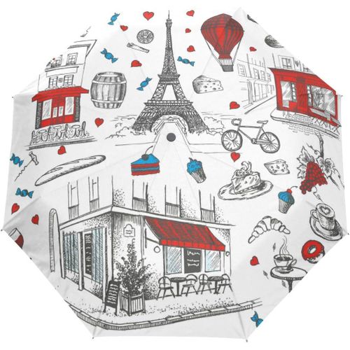 Parapluie Pliant Compact Tour Eiffel Paris Motif Floral Rouge Blanc