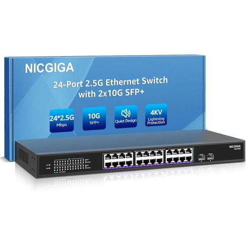 24 Port 2.5G ¿ 2 Port 10G Sfp+ Ethernet Switch,26 Port 2.5Gb Network Switch Unmanaged,Plug & Play,Desktop Or 19-Inch Rack Mount,Fanless Metal Design.