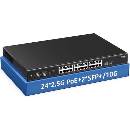 Switch Poe 2,5G À 26 Ports Non Géré,24 Ports Poe Base-T 2,5G,2 X 10G Sfp+,Ieee802.3Af/At,400W,Compatible Avec 100/1000/2500Mbps,Montage Sur Bureau / Rack Switch Réseau 2,5Gbe
