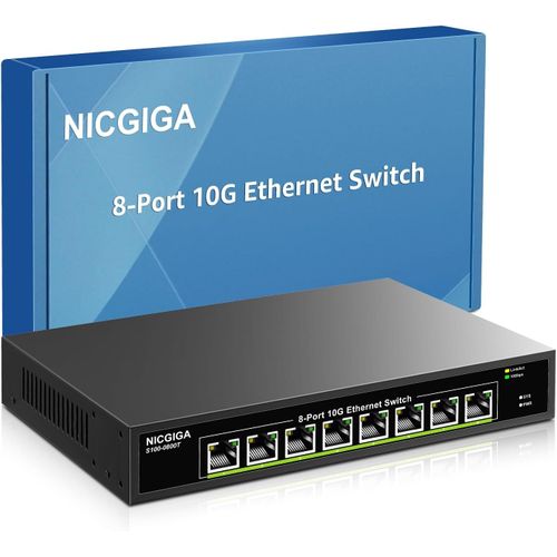 8 Port 10G Ethernet Switch Unmanaged,With 8X 10Gb Base-T Ports,10Gbps Network Switch Easy For 10G Nas,Pc,Wifi7 Router,10G Adapter/Nic. Montage Sur Bureau Ou En Rack 19 Pouces,Plug And Play.